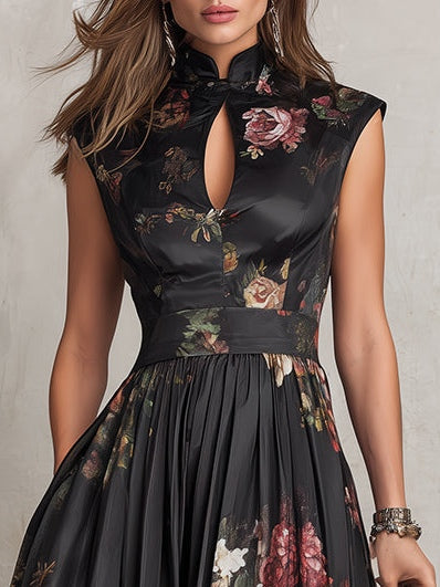 Penelope | Women's Floral Print Midi Dress | Keyhole Neck Wedding Guest Dress-Women Dress-Eltrendio