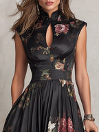 Penelope | Women's Floral Print Midi Dress | Keyhole Neck Wedding Guest Dress-Women Dress-Eltrendio