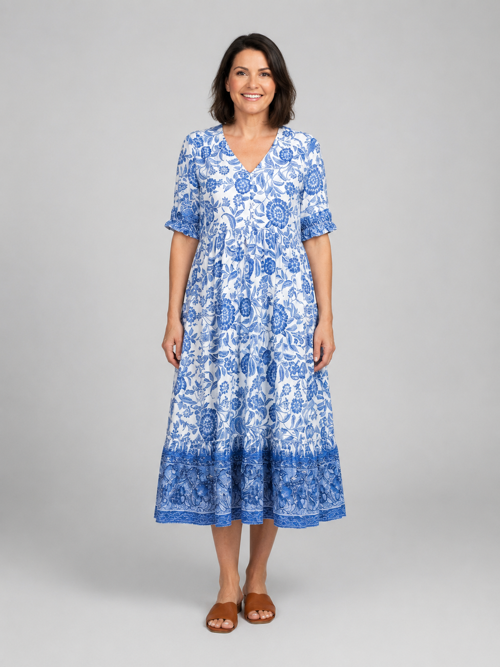 Penelope | Women’s Midi Dress | Floral Print Tiered Holiday-Women Dress-Eltrendio