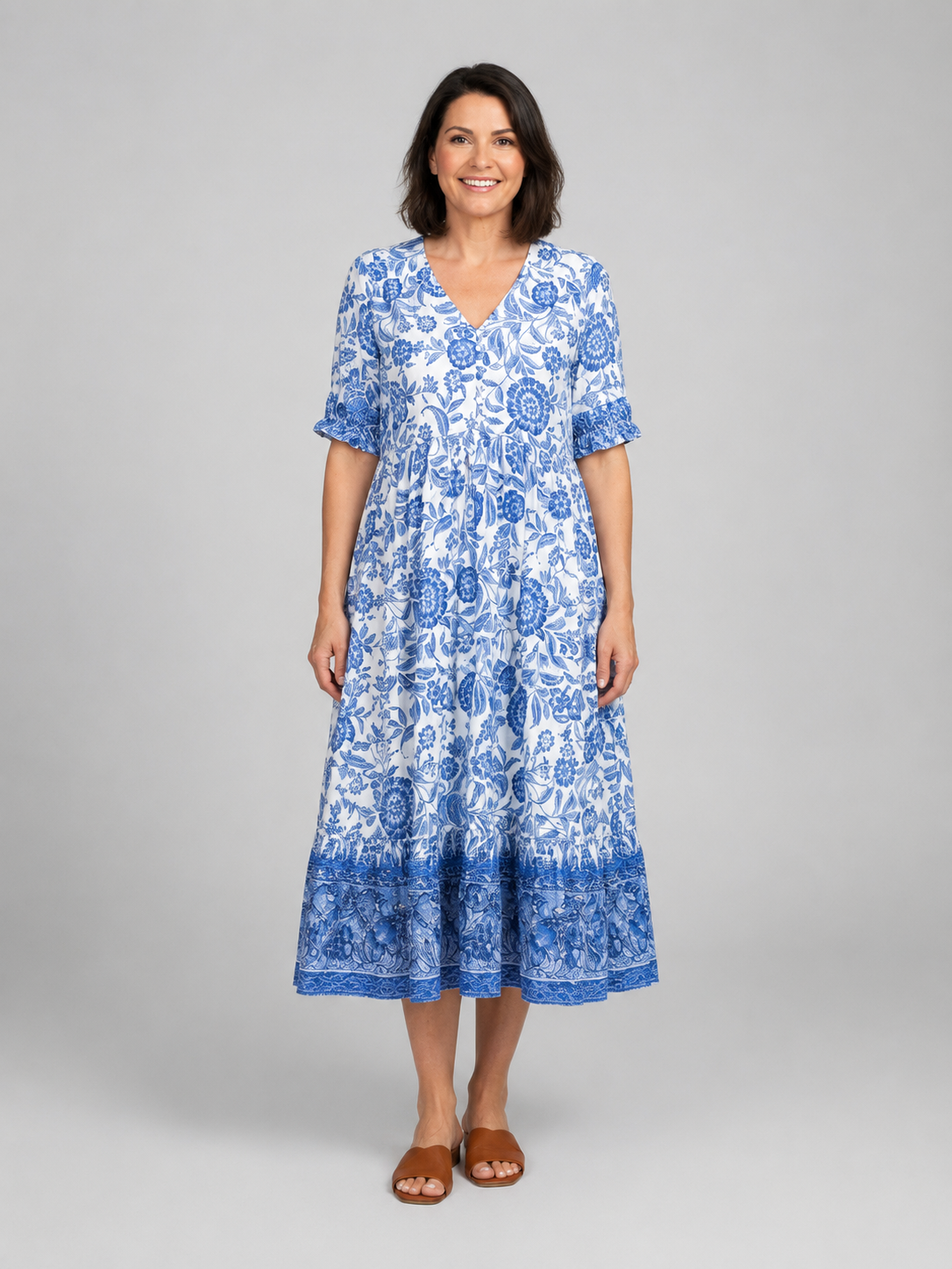 Penelope | Women’s Midi Dress | Floral Print Tiered Holiday-Women Dress-Eltrendio