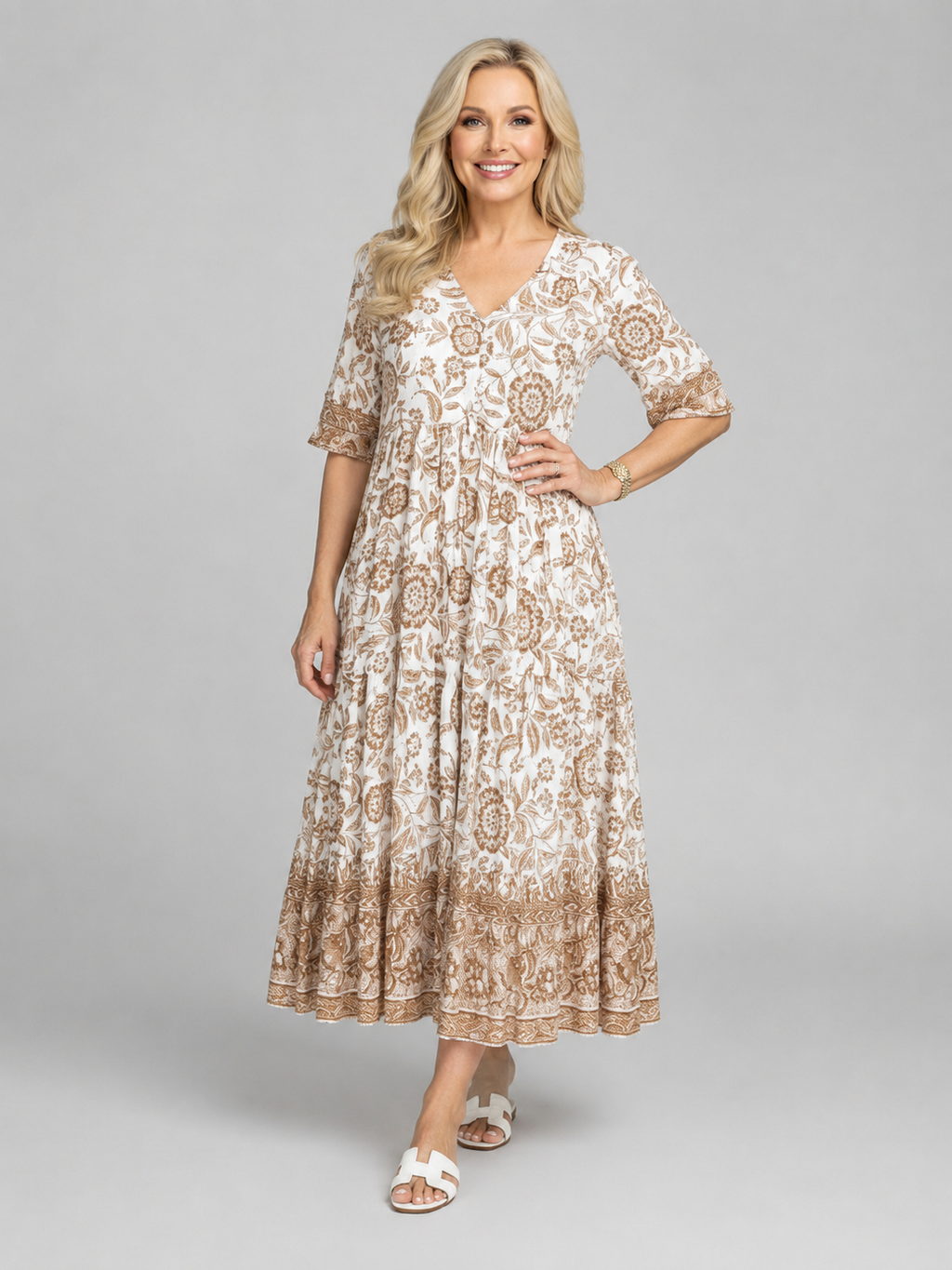 Penelope | Women’s Midi Dress | Floral Print Tiered Holiday-Women Dress-Eltrendio