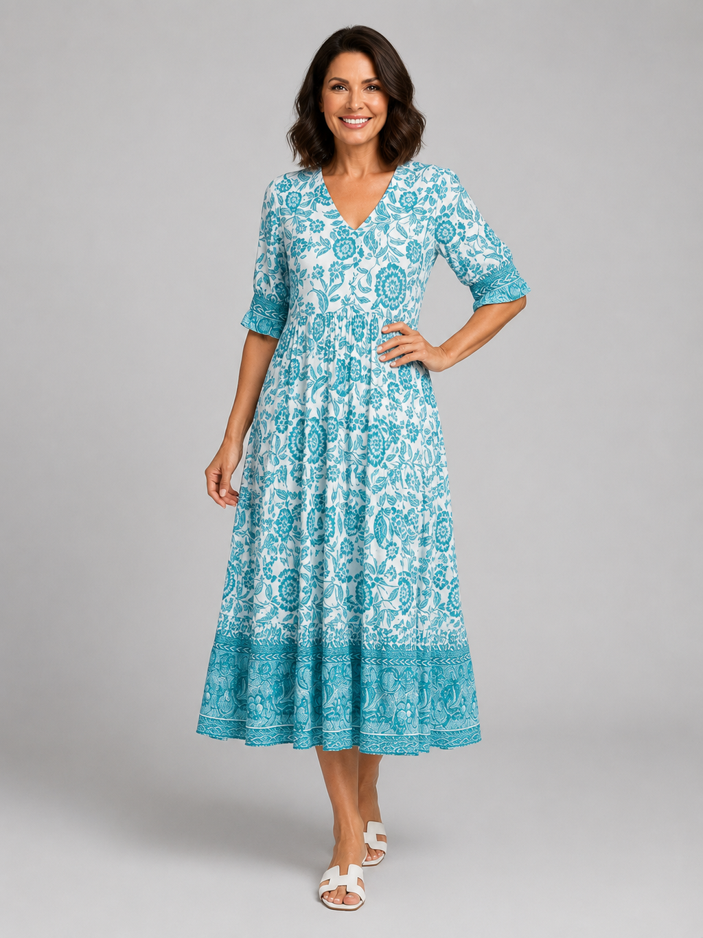 Penelope | Women’s Midi Dress | Floral Print Tiered Holiday-Women Dress-Eltrendio
