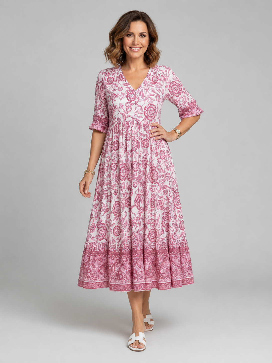 Penelope | Women’s Midi Dress | Floral Print Tiered Holiday-Women Dress-Eltrendio