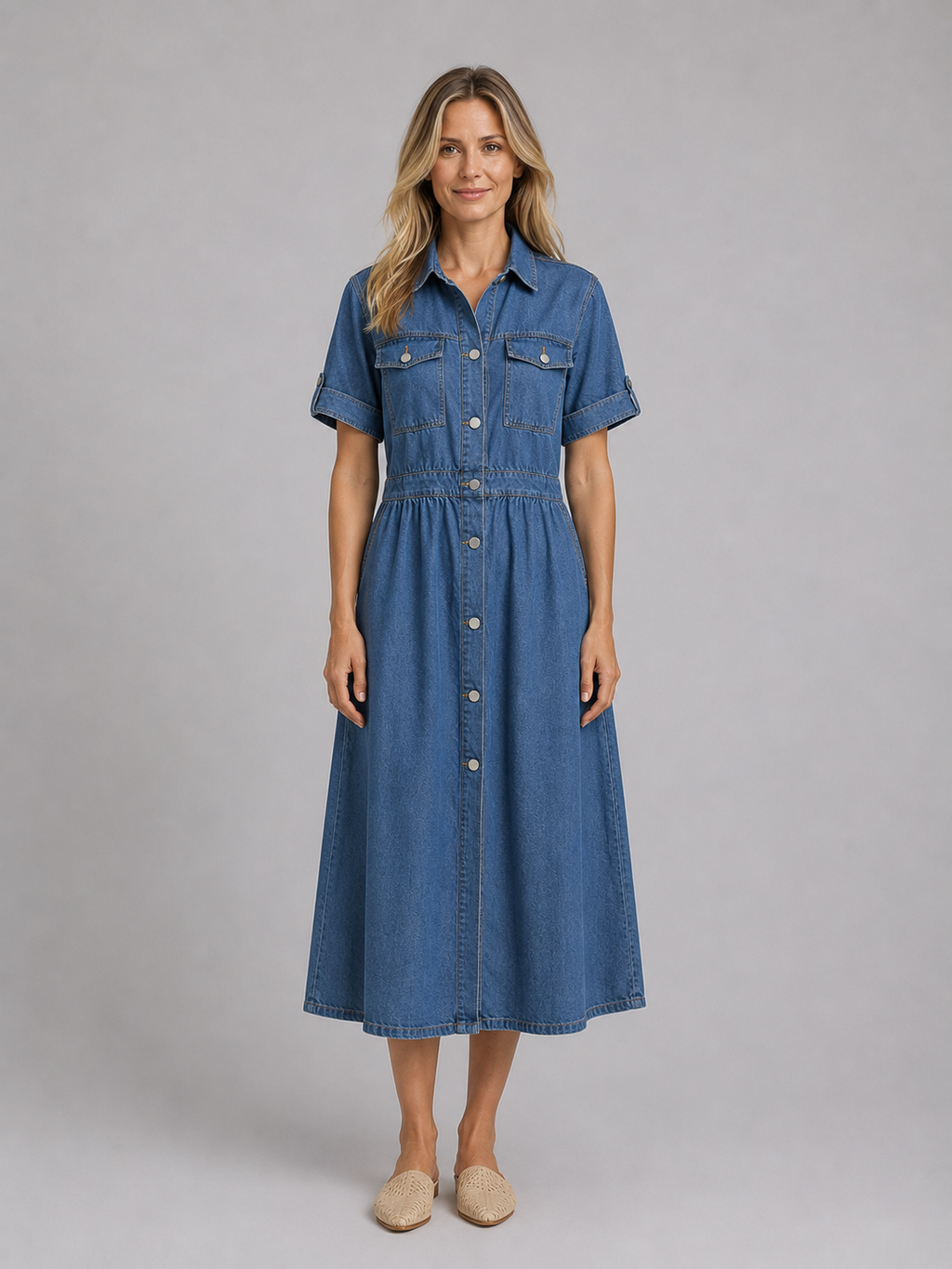 Phoebe | Women’s Midi Dress | Collared Button Front Pocket-Women Dress-Eltrendio