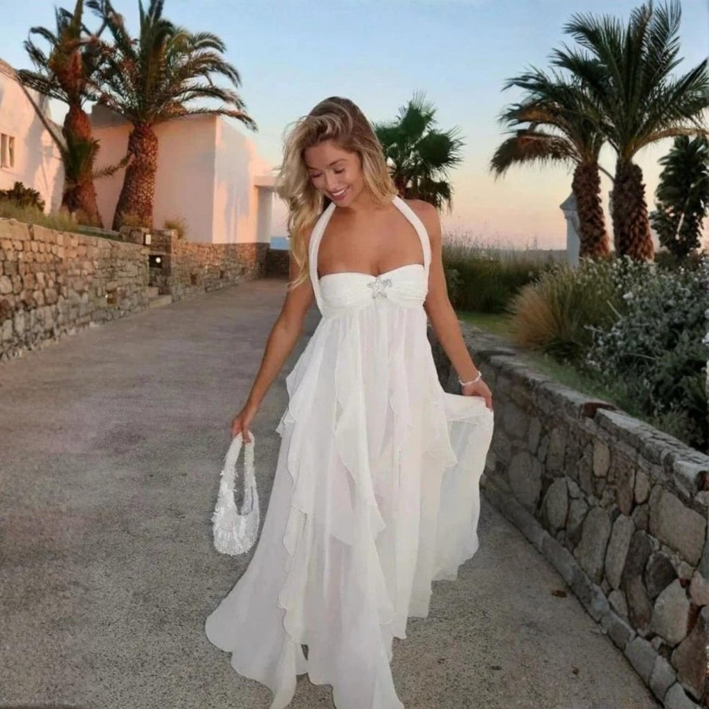 Poppy | Women’s Halter Maxi Dress | Draped Layered Panels Wedding Guest Dress-Women Dress-Eltrendio