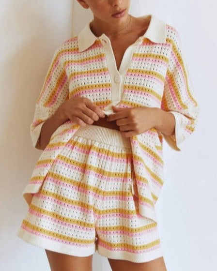 Poppy | Women’s Two Piece Set | Striped Shirt Shorts-Women Outfit Set-Eltrendio