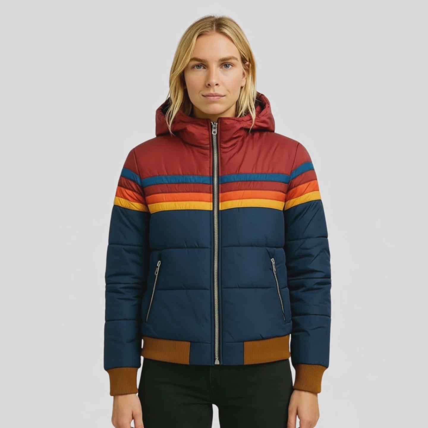 Freya | Women's Hooded Puffer Jacket | Striped Detail