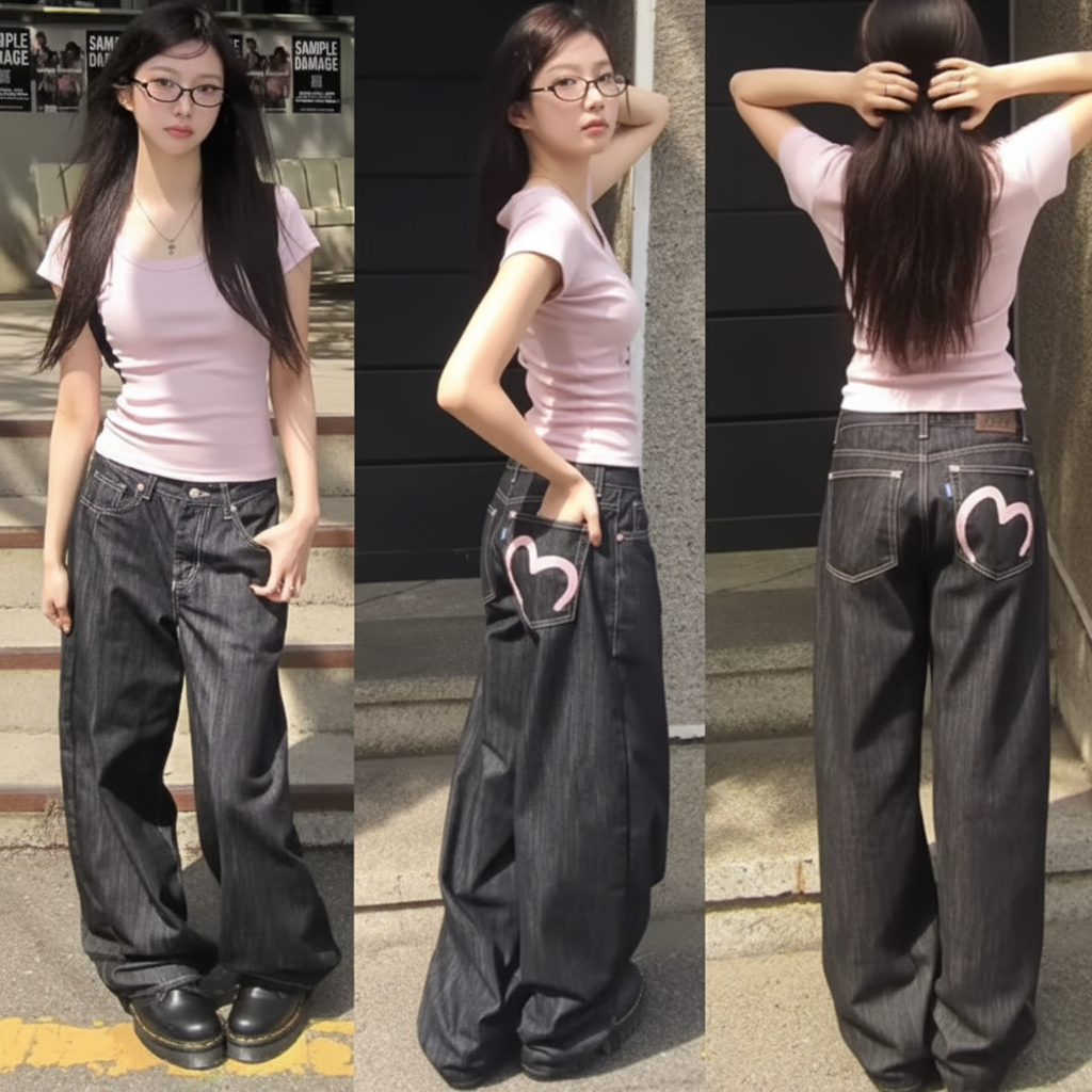 Riley | Women's Wide Leg Jeans | Heart Pocket Contrast Stitching-Eltrendio