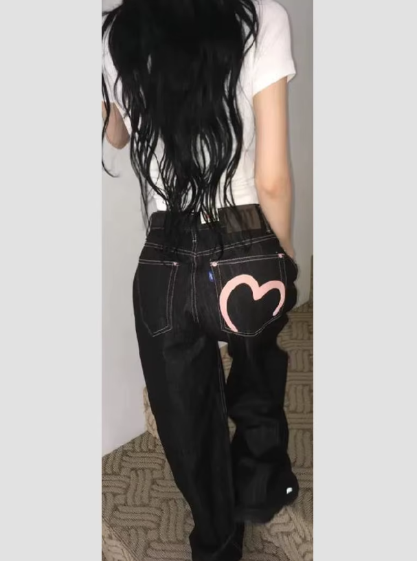 Riley | Women's Wide Leg Jeans | Heart Pocket Contrast Stitching-Eltrendio