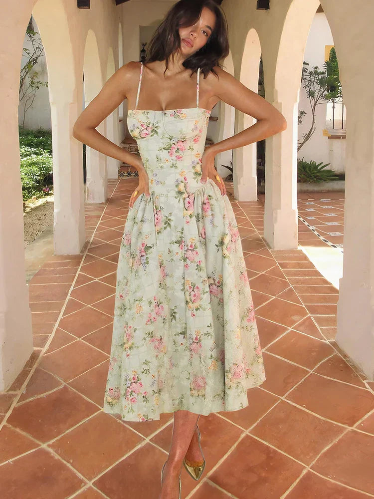 Rose | Women’s Floral Print Midi Dress | Strappy Wedding Guest Dress-Women Dress-Eltrendio