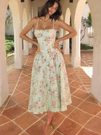 Rose | Women’s Floral Print Midi Dress | Strappy Wedding Guest Dress-Women Dress-Eltrendio