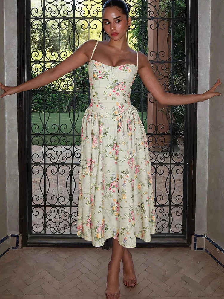 Rose | Women’s Floral Print Midi Dress | Strappy Wedding Guest Dress-Women Dress-Eltrendio