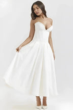 Rose | Women’s Strapless Midi Dress | Sweetheart Neckline Pleated Skirt Evening Dress-Women Dress-Eltrendio