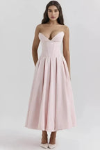 Rose | Women’s Strapless Midi Dress | Sweetheart Neckline Pleated Skirt Evening Dress-Women Dress-Eltrendio