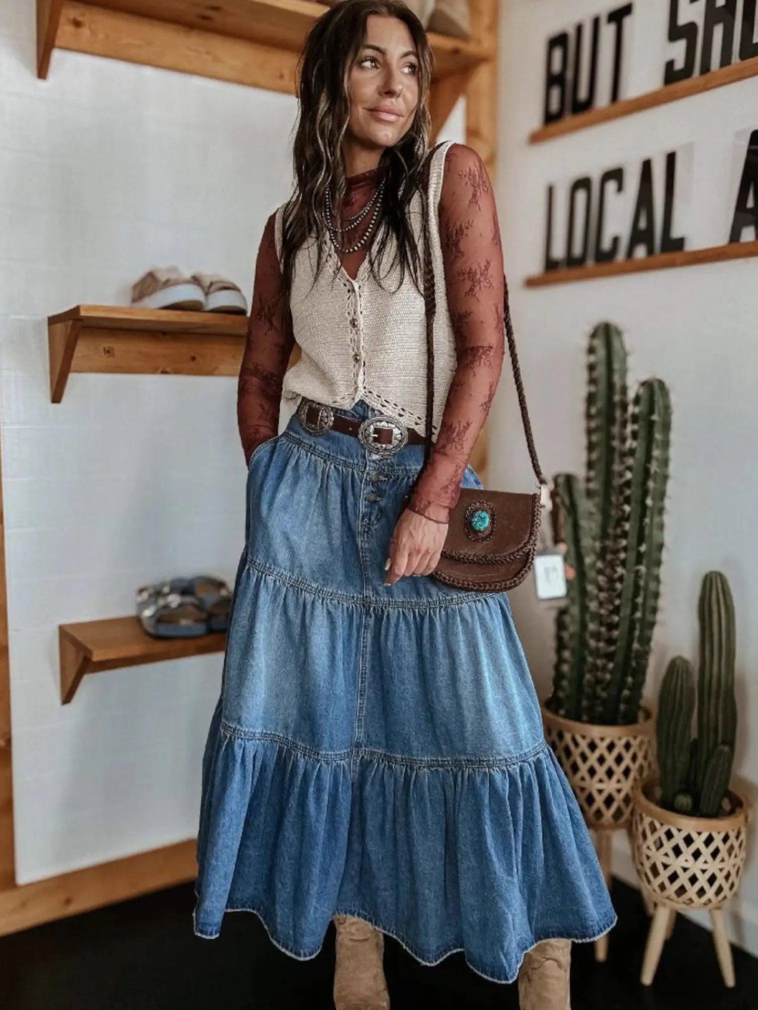 Savannah | Women’s Maxi Skirt | Tiered Button Front-Women Skirt-Eltrendio