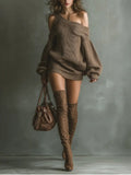 Savannah | Women’s Off Shoulder Mini Dress | Long Sleeve Sweater-Women Dress-Eltrendio
