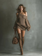 Savannah | Women’s Off Shoulder Mini Dress | Long Sleeve Sweater-Women Dress-Eltrendio