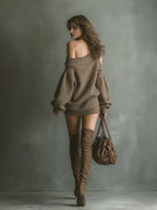 Savannah | Women’s Off Shoulder Mini Dress | Long Sleeve Sweater-Women Dress-Eltrendio