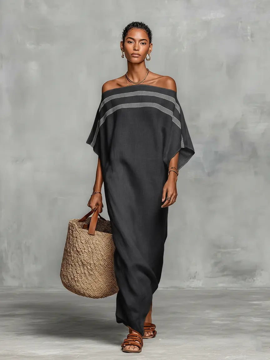 Serena | Women’s Maxi Dress | Off Shoulder Batwing Striped-Women Dress-Eltrendio