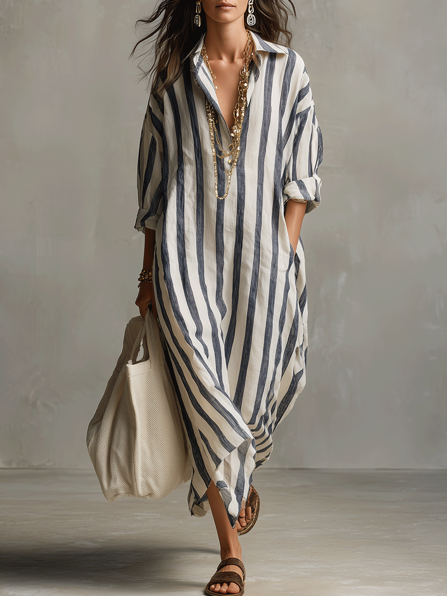 Sienna | Women’s Maxi Dress | Striped Collared Shirt-Women Dress-Eltrendio