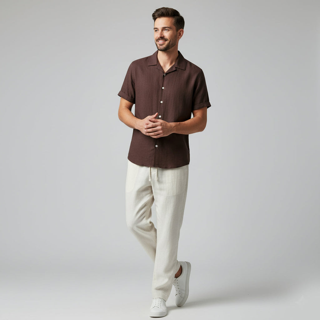 Harbourview | Men’s Short Sleeve Shirt and Trousers Set | Button Front Drawstring Casual Wear-Men Outfit Set-Eltrendio