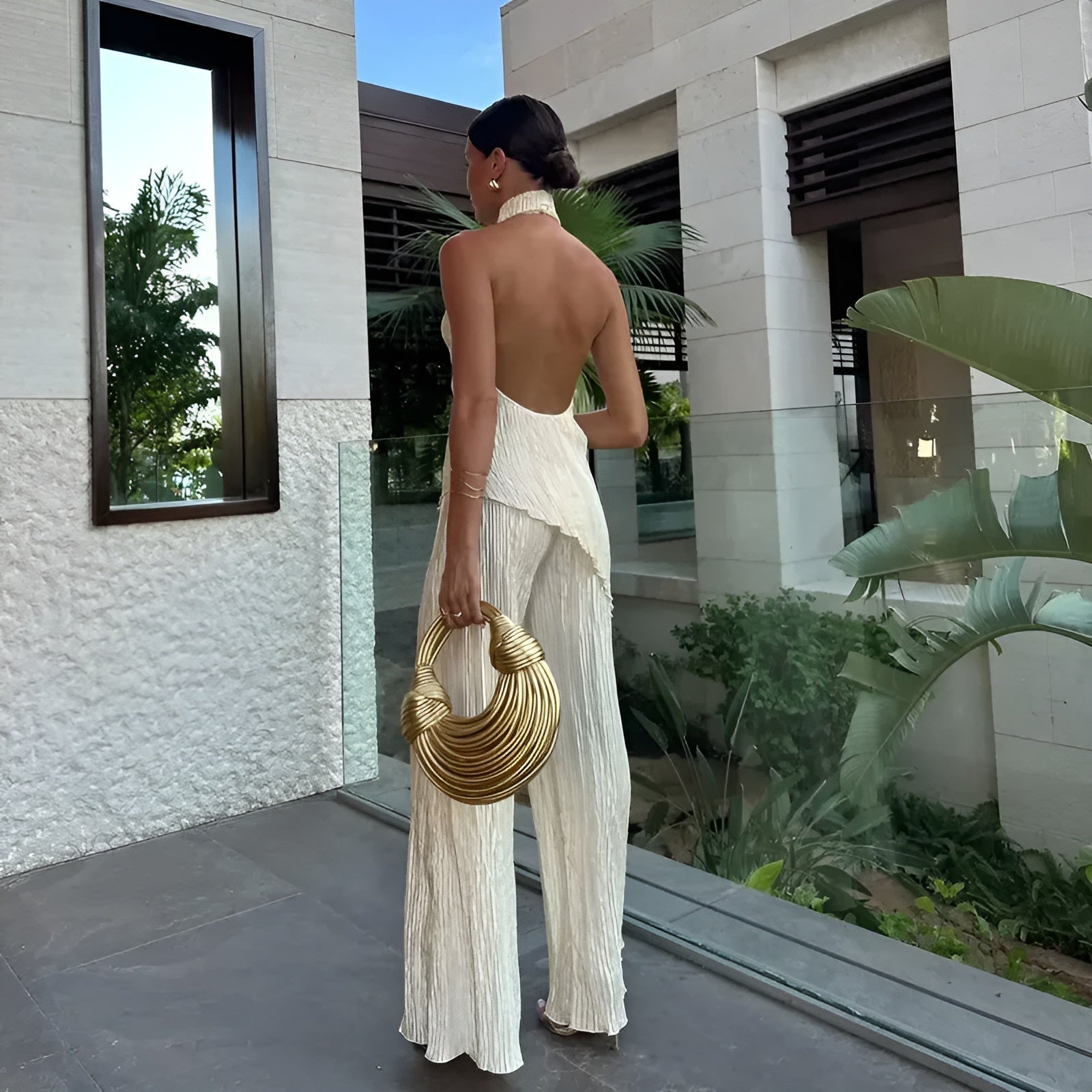 Valentina | Women’s Two Piece Set | Halter Pleated Wide Leg-Women Outfit Set-Eltrendio