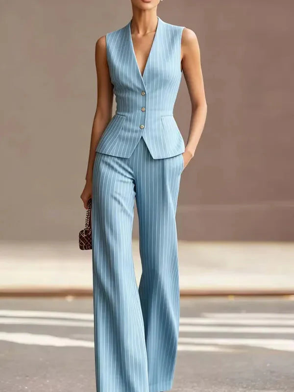 Victoria | Women’s Trouser Suit Set | Sleeveless Pinstripe Office Wear-Women Pantsuit-Eltrendio