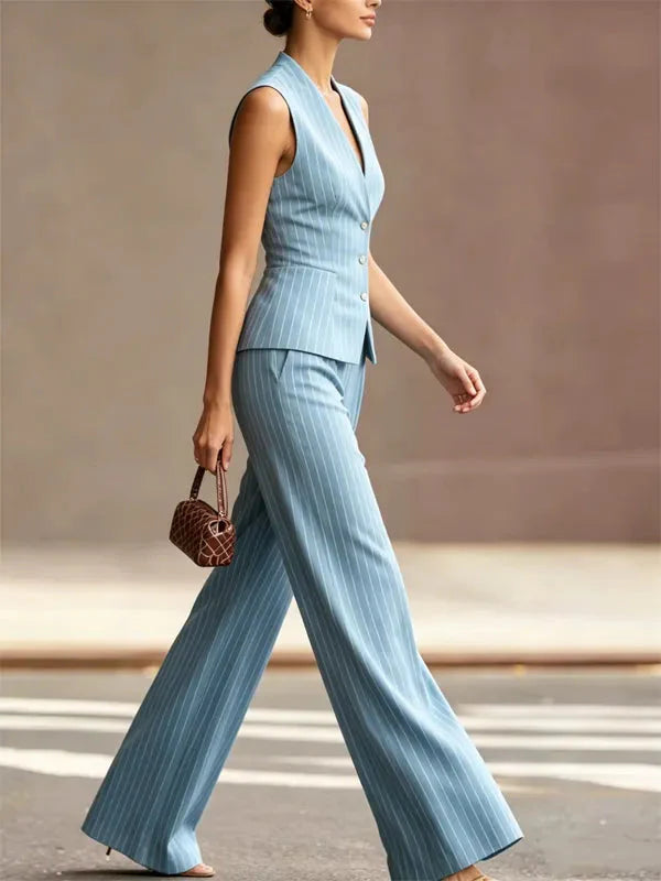 Victoria | Women’s Trouser Suit Set | Sleeveless Pinstripe Office Wear-Women Pantsuit-Eltrendio
