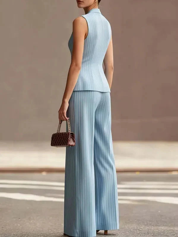 Victoria | Women’s Trouser Suit Set | Sleeveless Pinstripe Office Wear-Women Pantsuit-Eltrendio