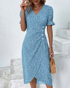 Willow | Women's Floral Print Midi Dress | V Neck Button Detail-Women Dress-Eltrendio