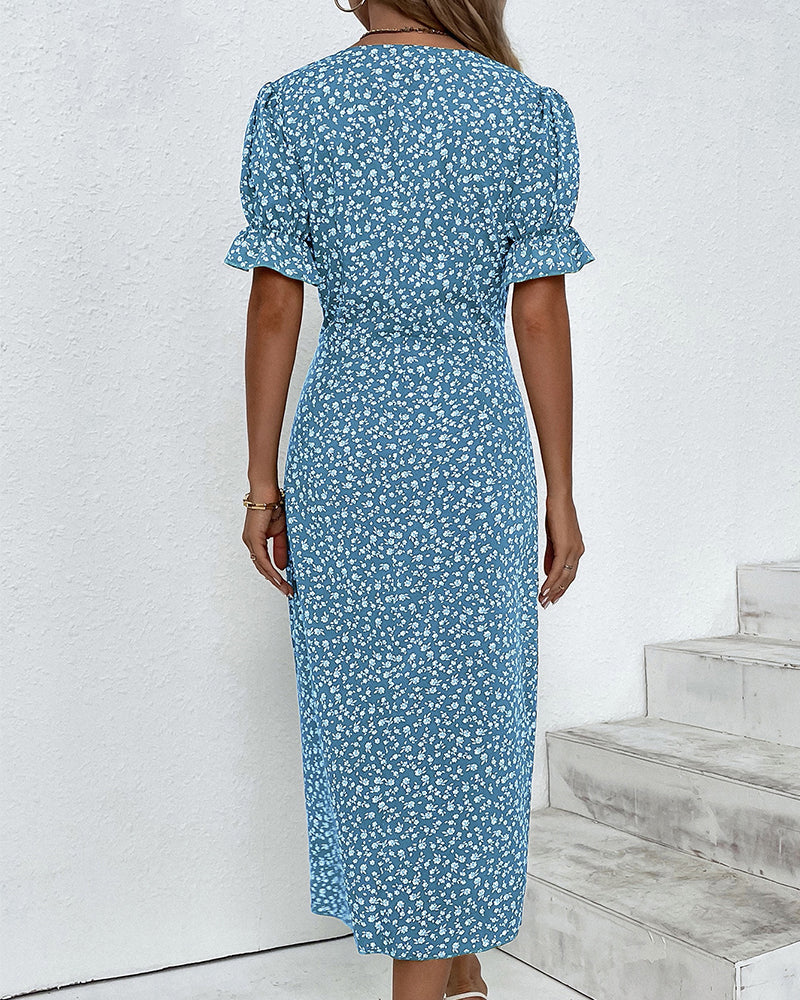 Willow | Women's Floral Print Midi Dress | V Neck Button Detail-Women Dress-Eltrendio
