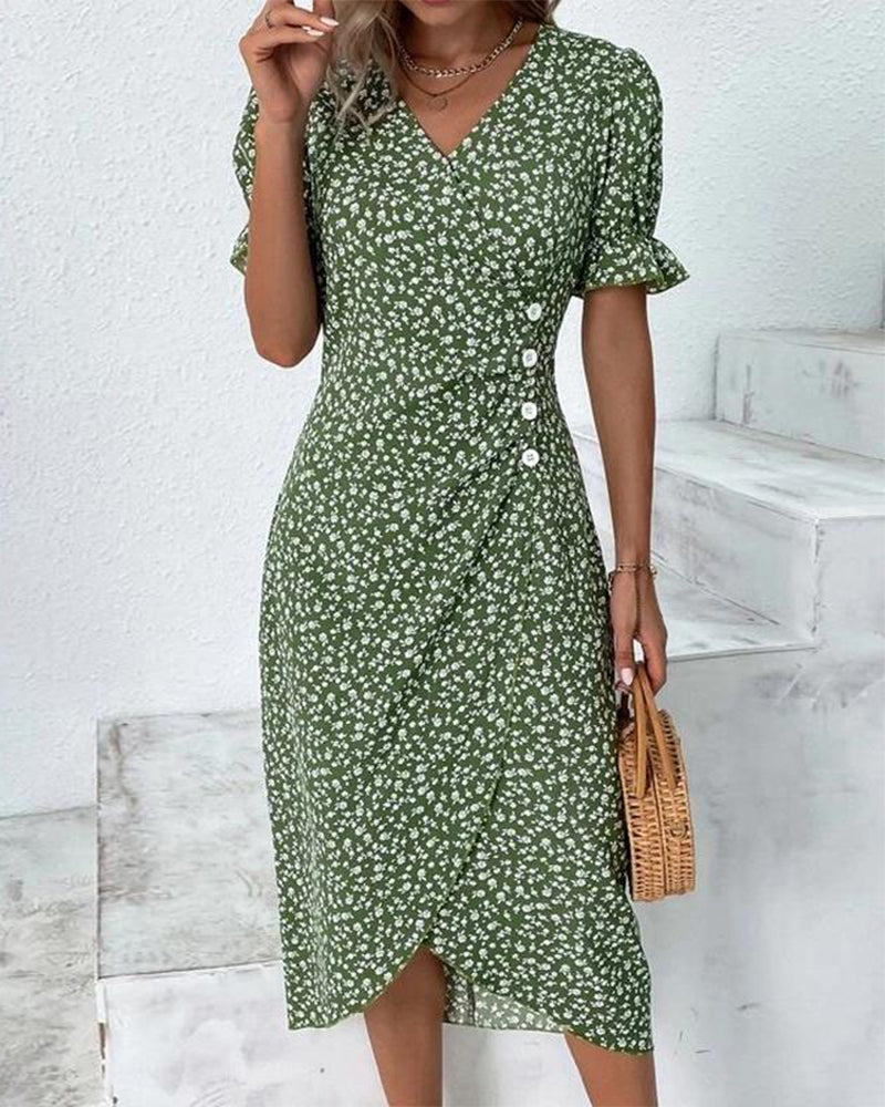 Willow | Women's Floral Print Midi Dress | V Neck Button Detail-Women Dress-Eltrendio
