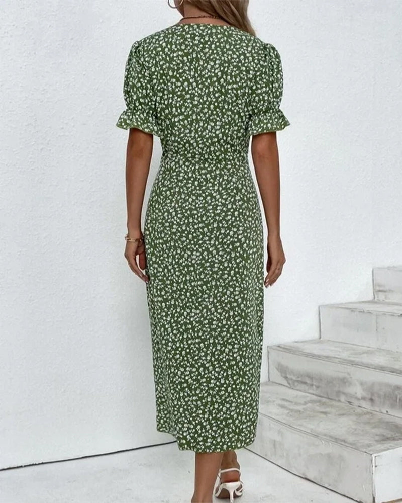 Willow | Women's Floral Print Midi Dress | V Neck Button Detail-Women Dress-Eltrendio