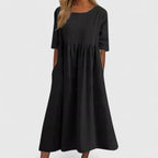 Winifred | Women's Smock Midi Dress | Round Neck Weekend Dress-Women Dress-Eltrendio