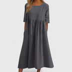 Winifred | Women's Smock Midi Dress | Round Neck Weekend Dress-Women Dress-Eltrendio
